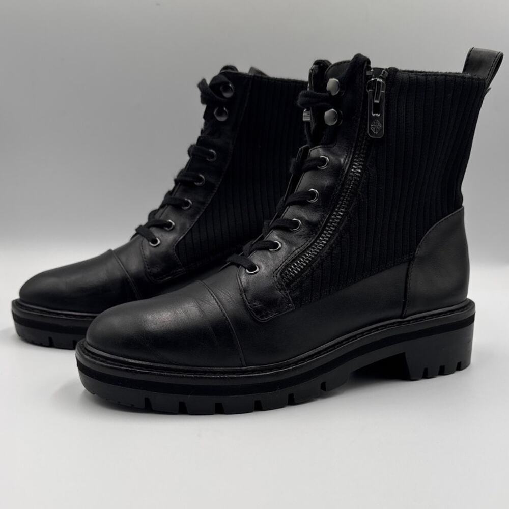 Antonio Melani Leather Knit Black Zip Combat Boots Womens 6.5 Cap Toe Sock Cuff